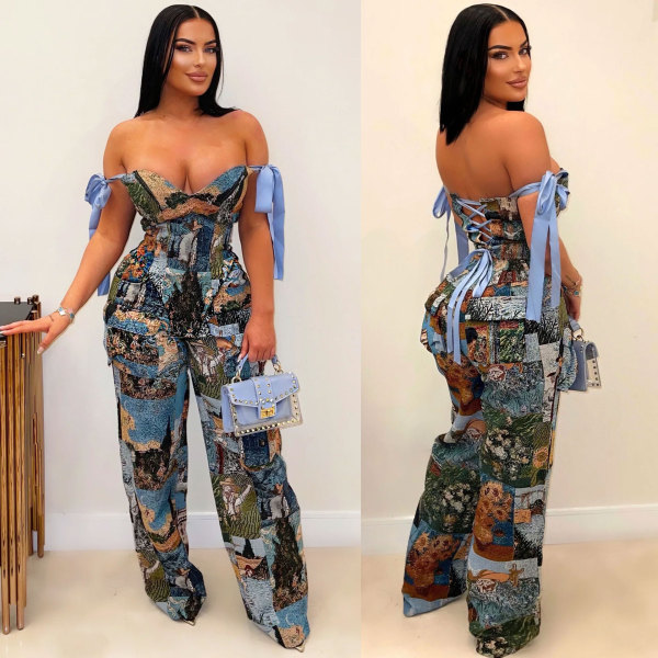 Printed oil painting pattern strap drawstring multi pocket pants set