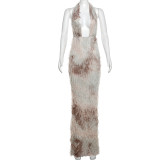 Hanging neck deep U-neck backless pleated dress