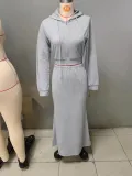 Long sleeved hooded zipper sweatshirt with hip hugging long skirt set