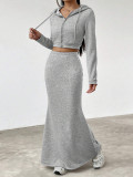 Long sleeved hooded zipper sweatshirt with hip hugging long skirt set