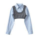 Striped short shirt sleeveless knitted vest top set