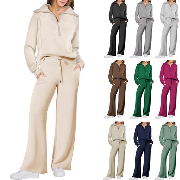 Sports suit zipper long sleeved sweatshirt wide leg pants two-piece set