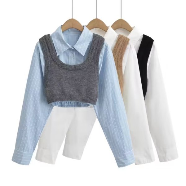 Striped short shirt sleeveless knitted vest top set