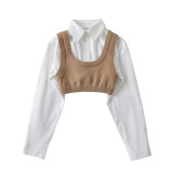 Striped short shirt sleeveless knitted vest top set