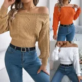 One neck off shoulder long sleeved pullover sweater