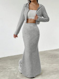 Long sleeved hooded zipper sweatshirt with hip hugging long skirt set