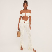 Open navel one shoulder top, high waist straight leg pants set