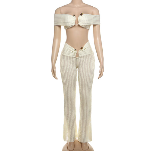 Open navel one shoulder top, high waist straight leg pants set