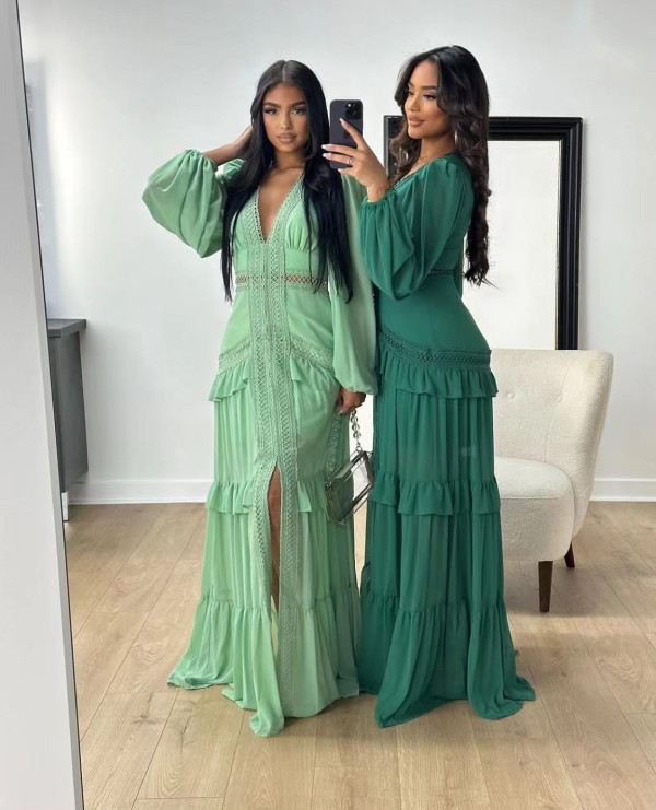 Splicing long sleeved V-neck dress for women's long skirt