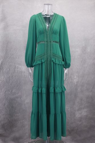 Splicing long sleeved V-neck dress for women's long skirt