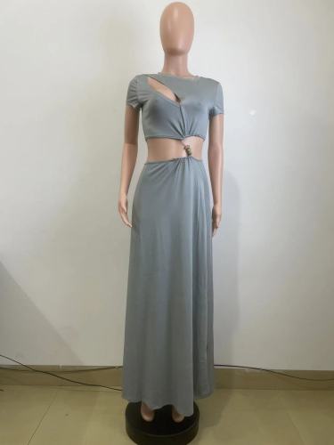 Beaded navel exposed short sleeved long skirt set