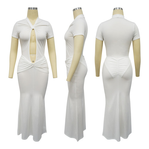 Hollow pleated jumpsuit half skirt set