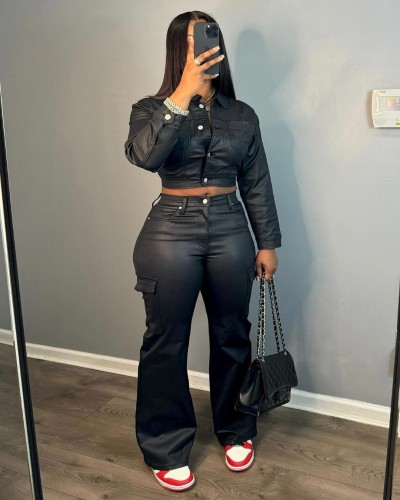 Suit leather cardigan sports pants set