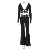 V-neck long sleeved top with straps and wide leg pants set