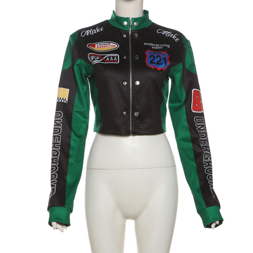 Open navel printed long sleeved baseball jacket