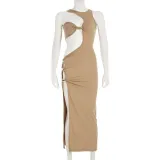 Metal tube splicing hollow irregular long skirt with off shoulder slit dress