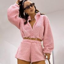 Plush collar zipper long sleeved top and shorts set