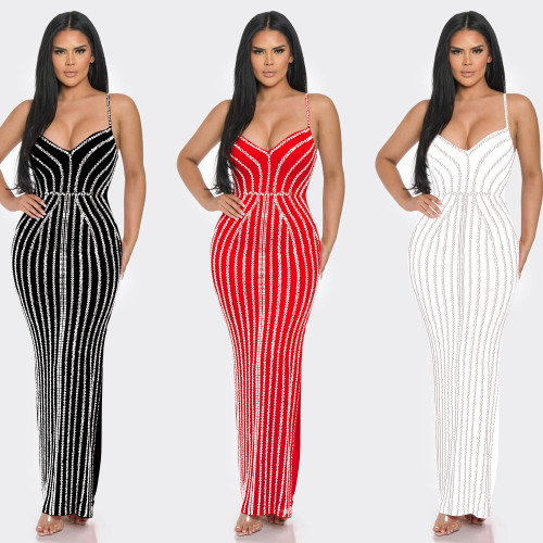 Women's Solid Color Chest Wrapping Hot Diamond Strap Long Dress