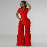 Shirt short sleeved tight fitting high stretch lace jumpsuit