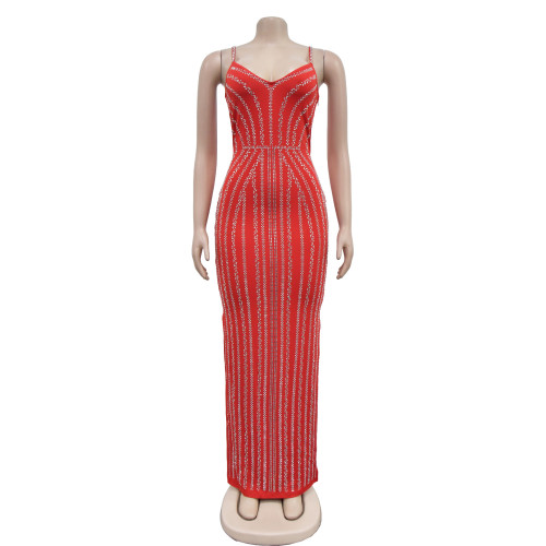 Women's Solid Color Chest Wrapping Hot Diamond Strap Long Dress