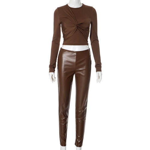 Long sleeved elastic PU leather pants for women, tight fitting leggings