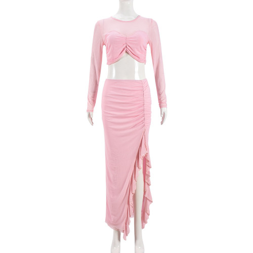 Hollow out navel mesh transparent double-layer lining fabric long sleeved long skirt two-piece set