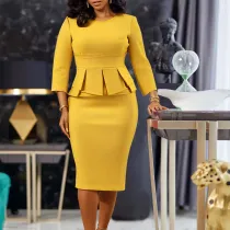 Round neck ruffled solid color hip hugging dress