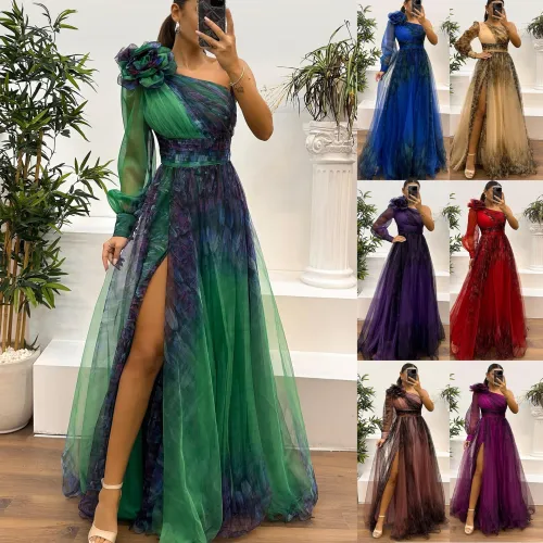 Loose sloping shoulder mesh printed dress