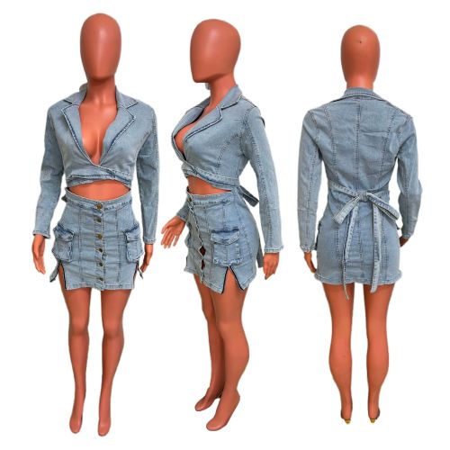 Slim fit denim fake two-piece skirt set
