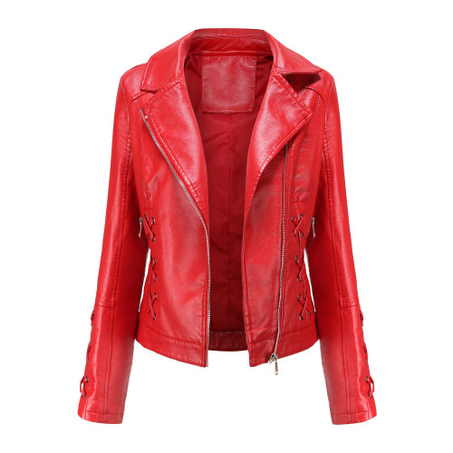 Knitted leather jacket with straps for women