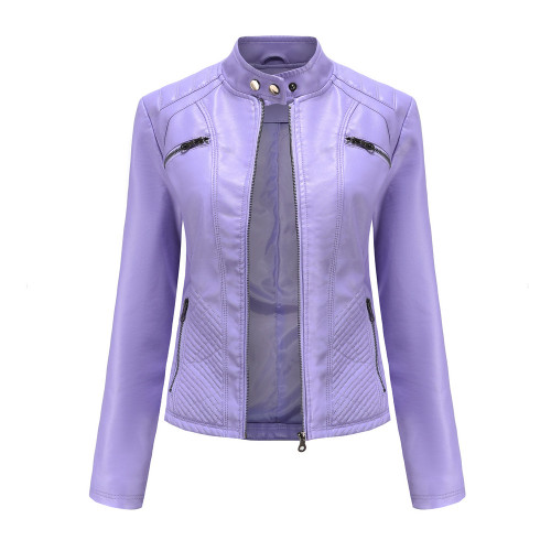 Women's leather jacket, stand up collar jacket, solid color women's leather jacket