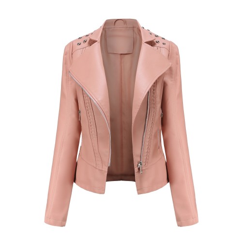 Ladies' beaded leather jacket, lapel motorcycle suit