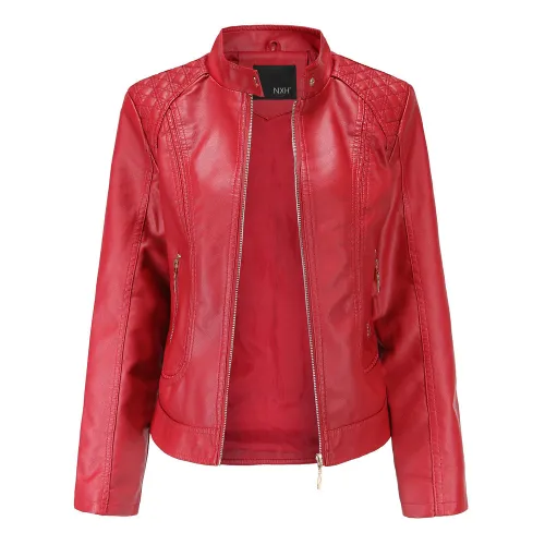 Women's leather jacket with oversized stand up collar and PU leather jacket jacket