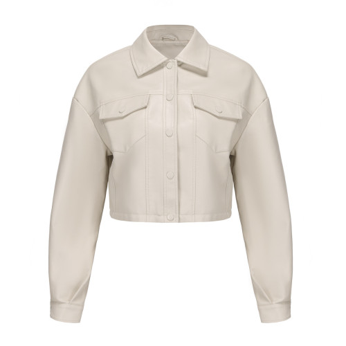 Loose collar leather jacket, long sleeved, single breasted, short jacket