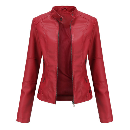 Jacket thin jacket women's motorcycle suit plus size stand up collar leather jacket