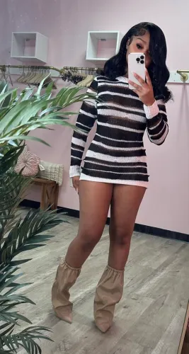 Knitted sweater, hip hugging skirt, long sleeved striped dress