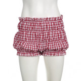 Folded zip shorts with elastic waistband, contrasting color plaid low waisted hot pants