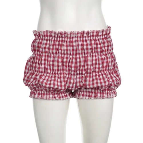 Folded zip shorts with elastic waistband, contrasting color plaid low waisted hot pants