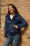 Fur integrated warm suede jacket with collar and waist belt included