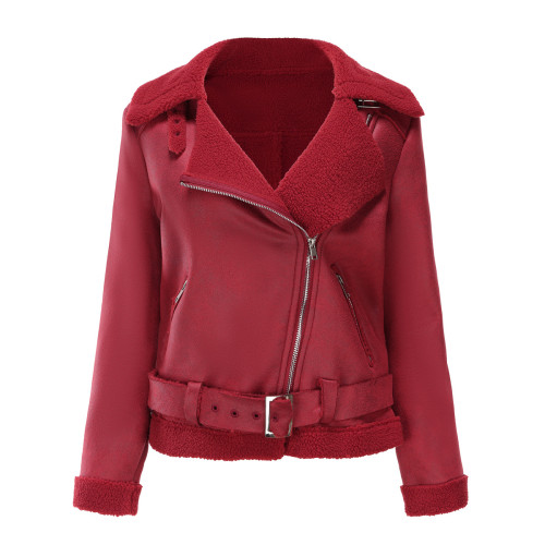 Fur integrated warm suede jacket with collar and waist belt included