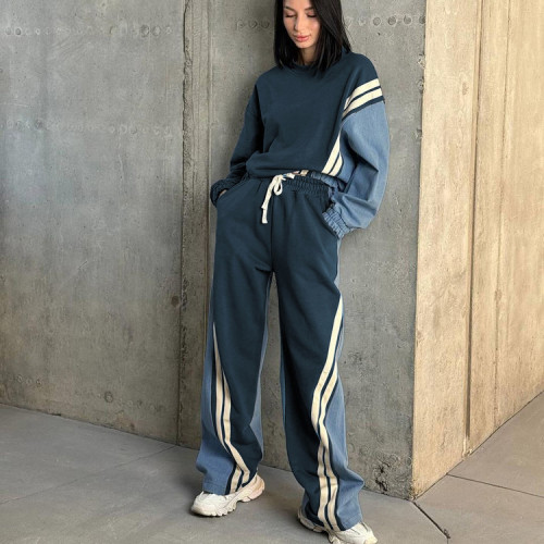 Contrast striped drawstring hoodie set