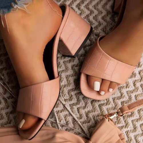 Square toe thick heel high-heeled slippers with a straight strap
