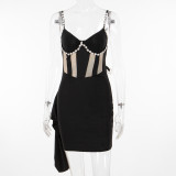 Bead chain studded diamond see through mesh suspender dress