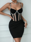 Bead chain studded diamond see through mesh suspender dress