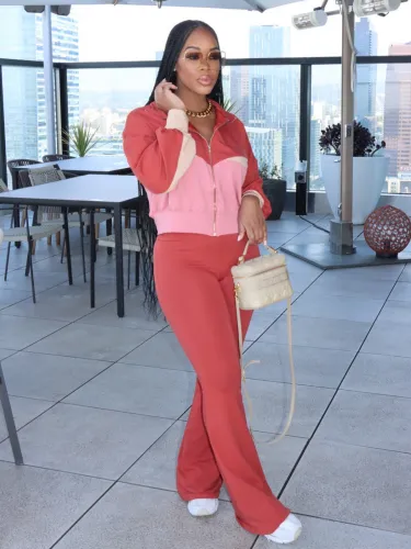 Women's two-piece long sleeved zipper jacket tight flared pants set