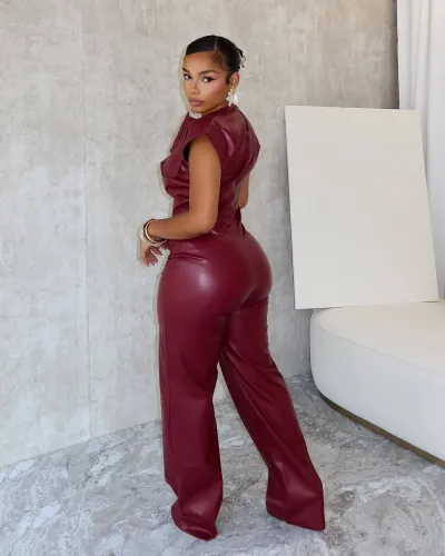 PU women's long pants sleeveless leather jacket jumpsuit