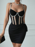 Bead chain studded diamond see through mesh suspender dress