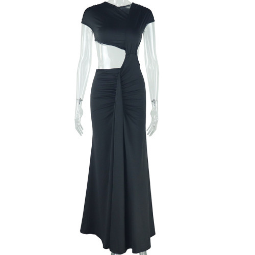 Solid color dress with slanted collar, sleeveless ribbon, fishtail skirt