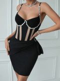 Bead chain studded diamond see through mesh suspender dress