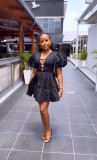 V-neck bubble sleeve high waisted patchwork A-line dress